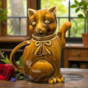Vintage Ceramic Cat Teapot, Mid-Century Brown Glaze Kitty Teapot